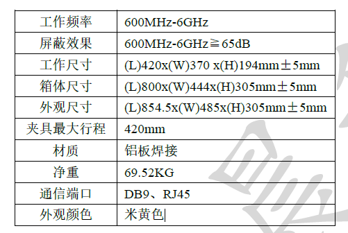 工作频率 600MHz-6GHz 屏蔽效果 600MHz-6GHz≧65dB 工作尺寸 (L)420x(W)370 x(H)194mm±5mm 箱体尺寸 (L)800x(W)444x(H)305mm±5mm 外观尺寸 (L)854.5x(W)485x(H)305mm±5mm 夹具大行程 420mm 材质 铝板焊接 净重 69.52KG 通信端口 DB9、RJ45 外观颜色 米黄色